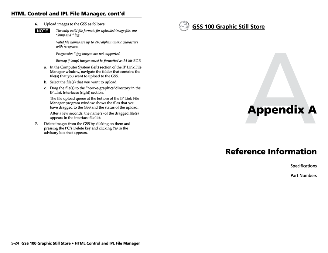 Extron electronic user manual AAppendix A, Reference Information, GSS 100 Graphic Still Store 
