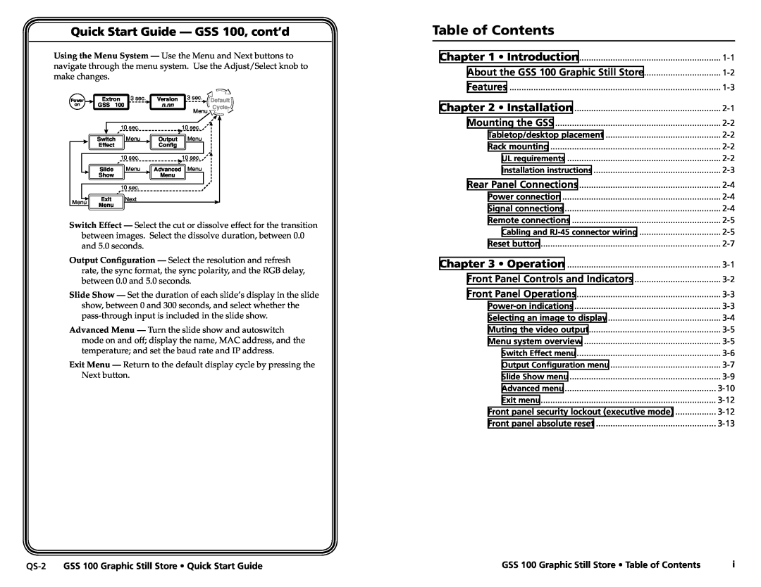 Extron electronic Table of Contents, Quick Start Guide - GSS 100, cont’d, QS-42, About the GSS 100 Graphic Still Store 