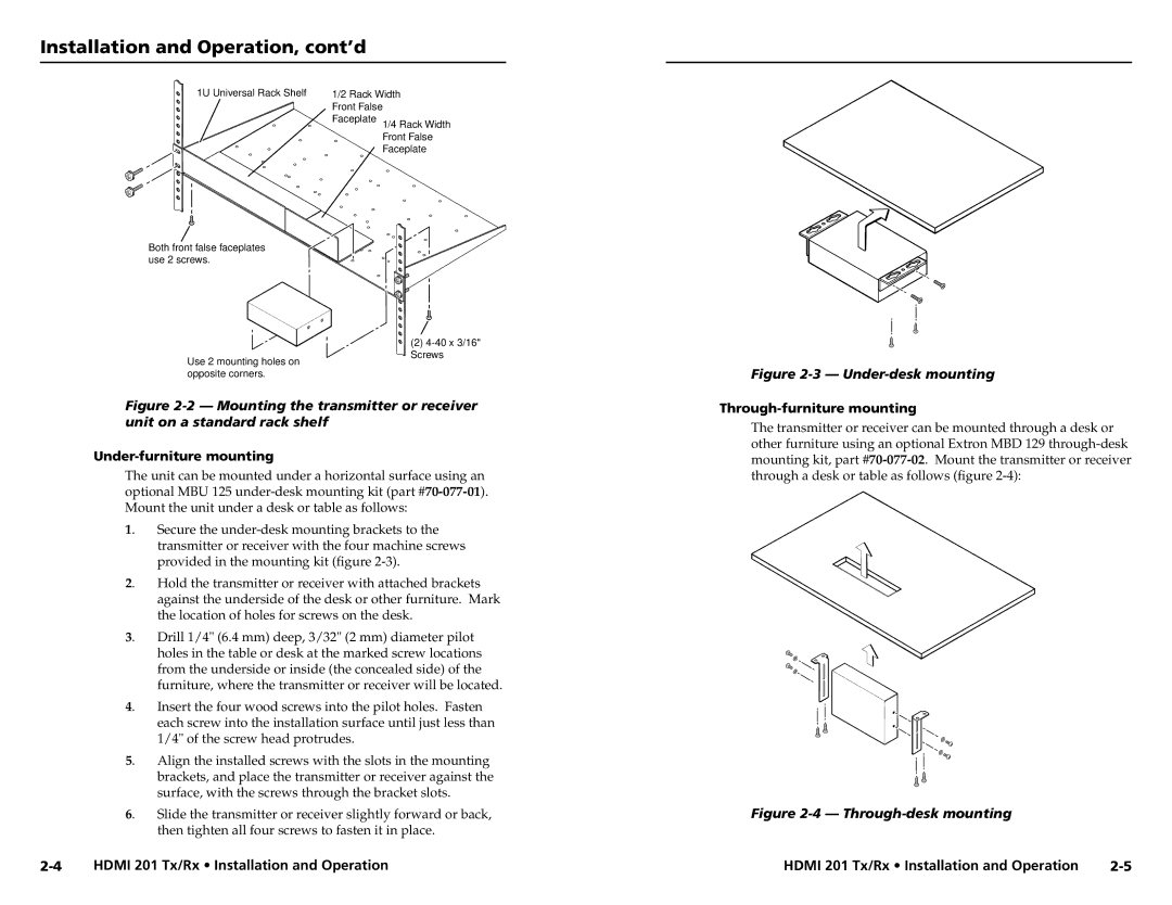 Extron electronic HDMI 201 Rx Installation and Operation, cont’d, Under-furniture mounting, Through-furniture mounting 