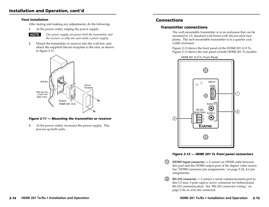 Extron electronic HDMI 201 Rx user manual Connections, Transmitter connections, Final installation 