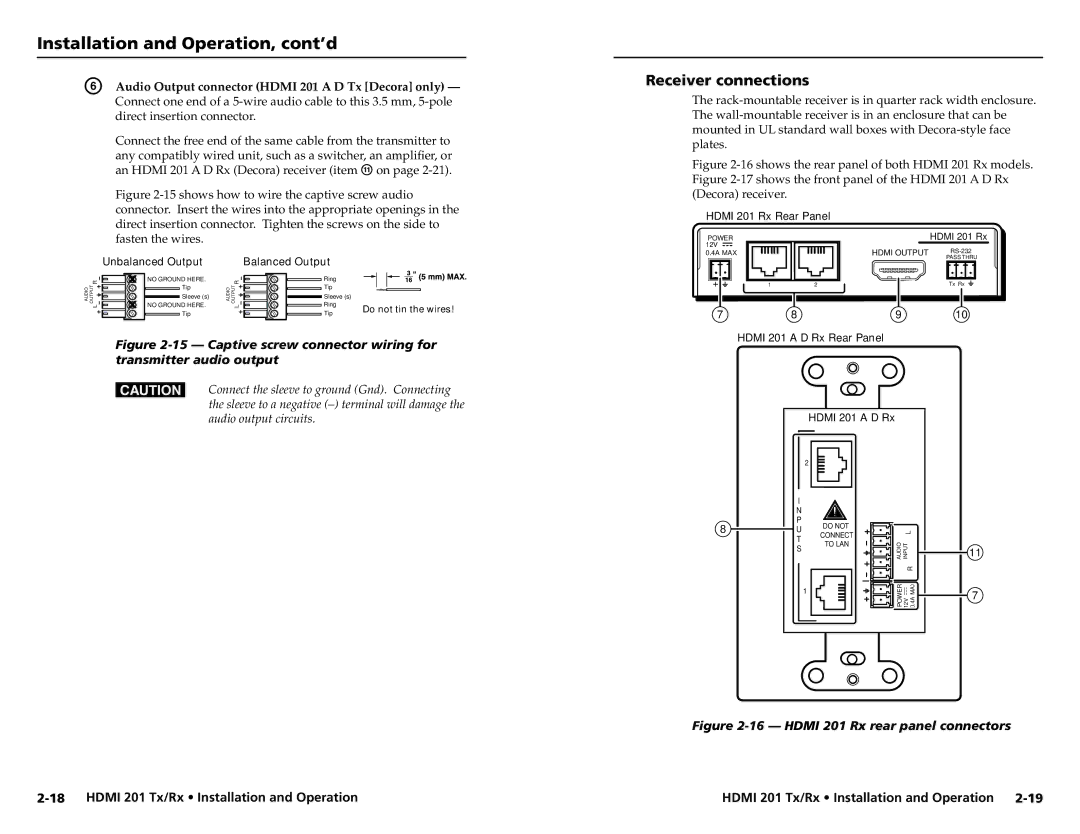 Extron electronic HDMI 201 Rx Receiver connections, Audio Output connector Hdmi 201 a D Tx Decora only, Fasten the wires 