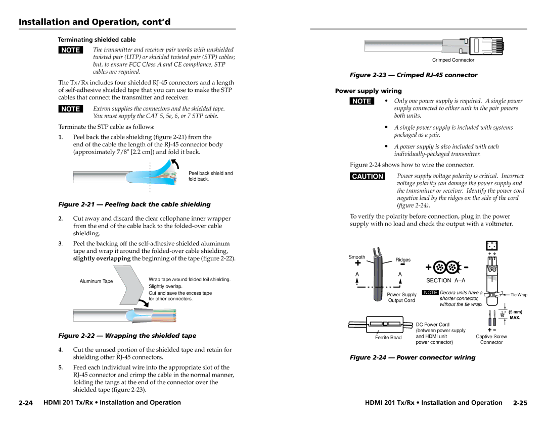 Extron electronic HDMI 201 Rx user manual Terminating shielded cable, Power supply wiring 