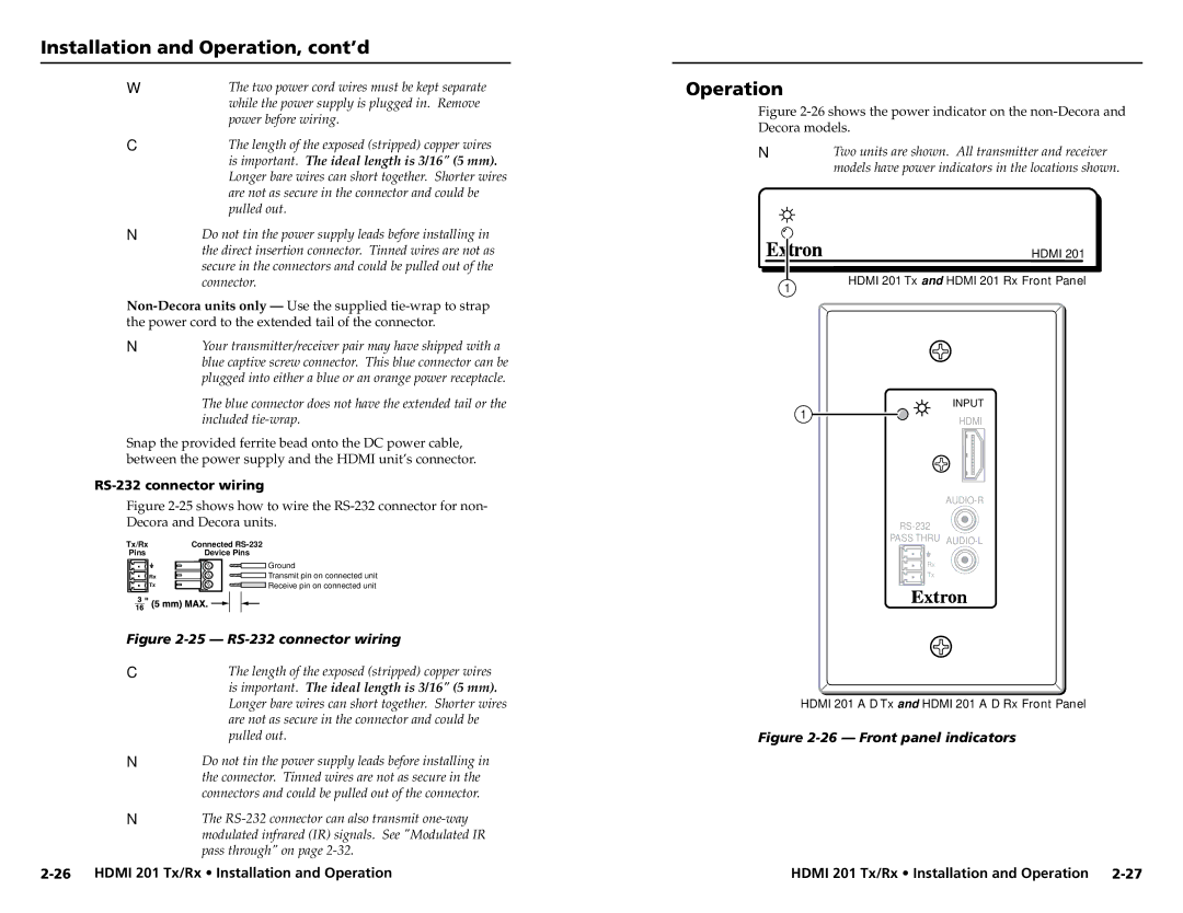 Extron electronic HDMI 201 Rx Operation, RS-232 connector wiring, Hdmi 201 a D Tx and Hdmi 201 a D Rx Front Panel 