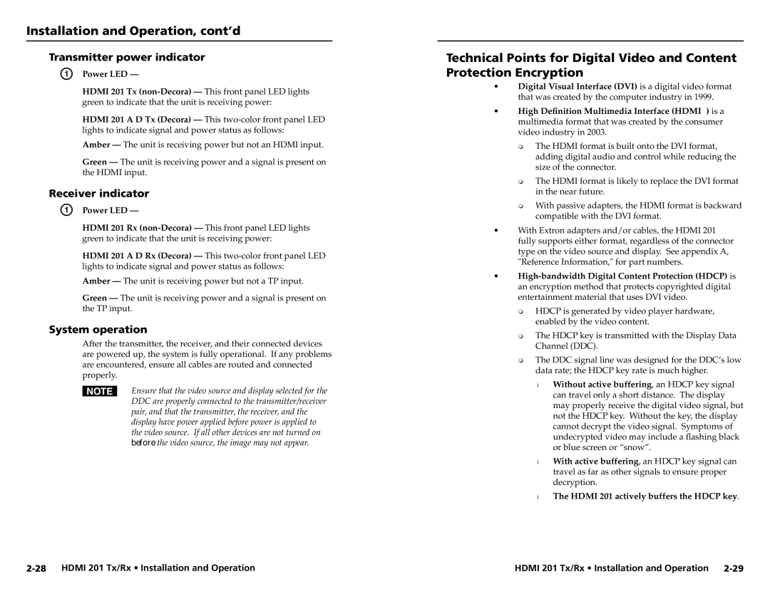 Extron electronic HDMI 201 Rx user manual Transmitter power indicator, Receiver indicator, System operation, Power LED 