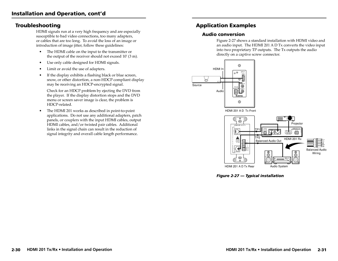 Extron electronic HDMI 201 Rx Installation and Operation, cont’d Troubleshooting, Application Examples, Audio conversion 