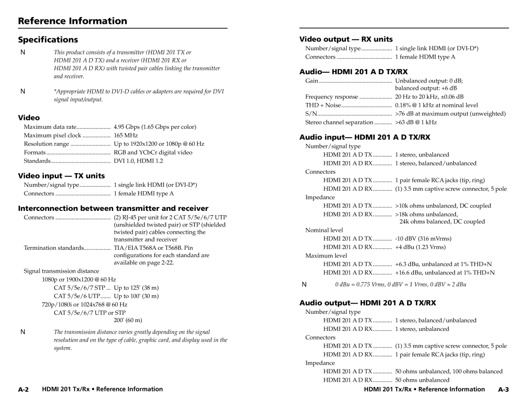 Extron electronic HDMI 201 Rx user manual Reference Information, Specifications 