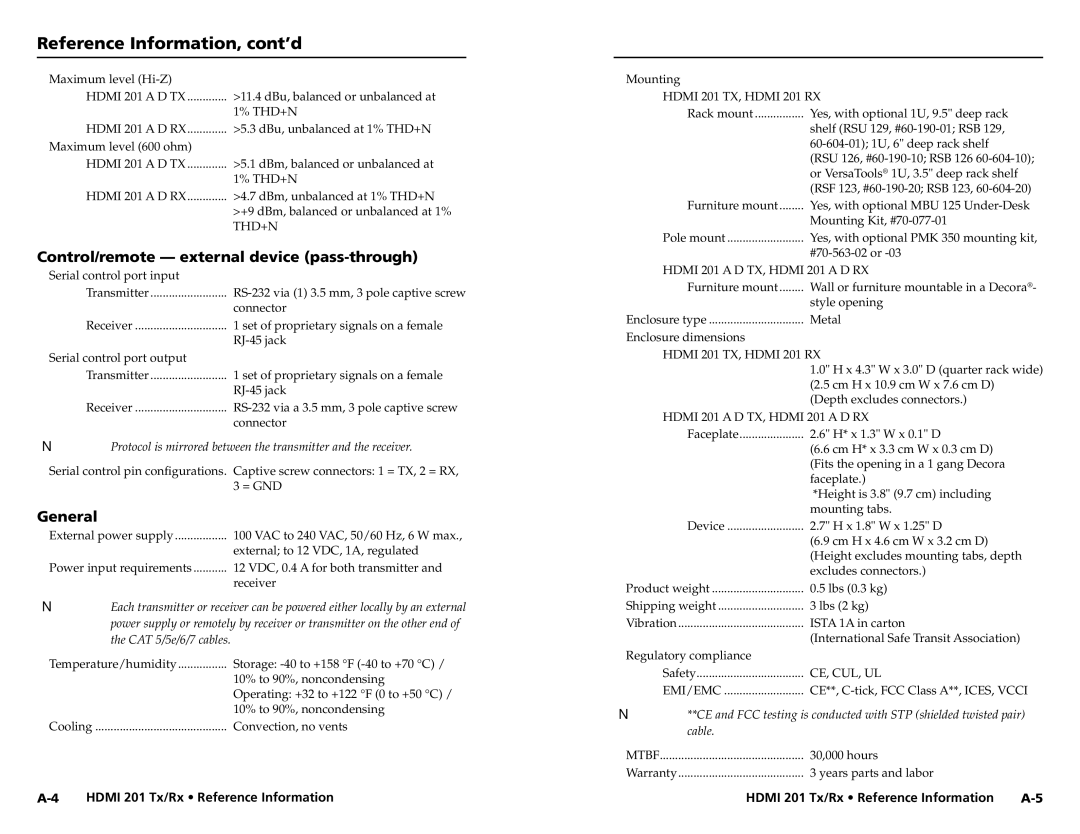 Extron electronic HDMI 201 Rx Reference Information, cont’d, Control/remote external device pass-through, General 