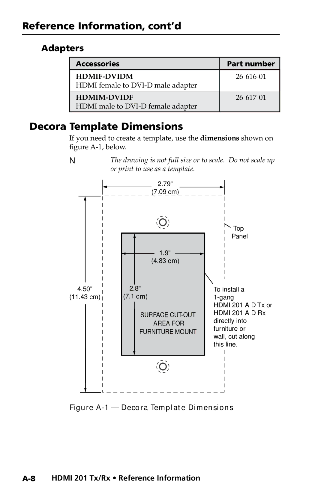 Extron electronic HDMI 201 Rx user manual Decora Template Dimensions, Adapters, Hdmi female to DVI-D male adapter 