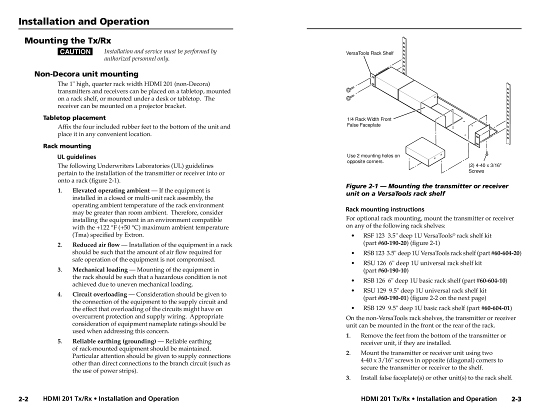 Extron electronic HDMI 201 Rx user manual Installation and Operation, Mounting the Tx/Rx, Non-Decora unit mounting 