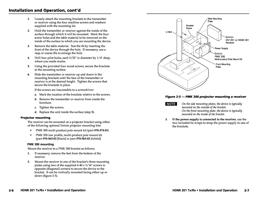 Extron electronic HDMI 201 Rx user manual 5- PMK 300 projector mounting a receiver, Installation and Operation, cont’d 