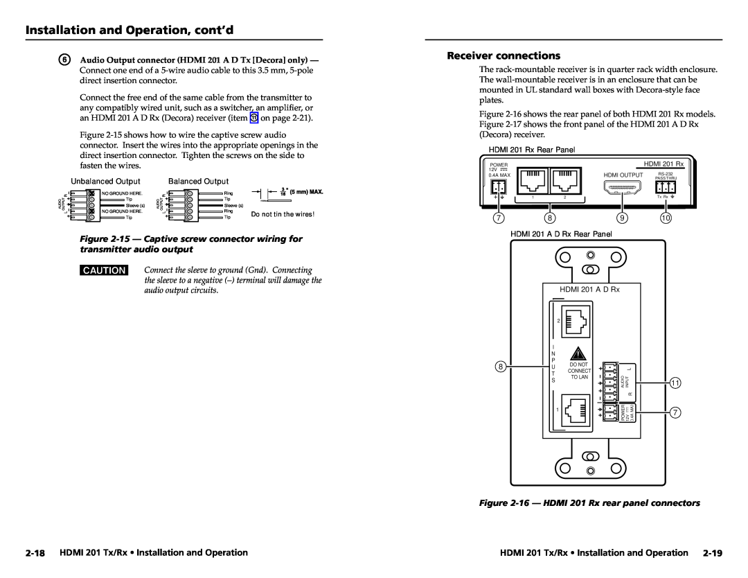 Extron electronic HDMI 201 Rx user manual Receiver connections, 2-18HDMI 201 Tx/Rx Installation and Operation 