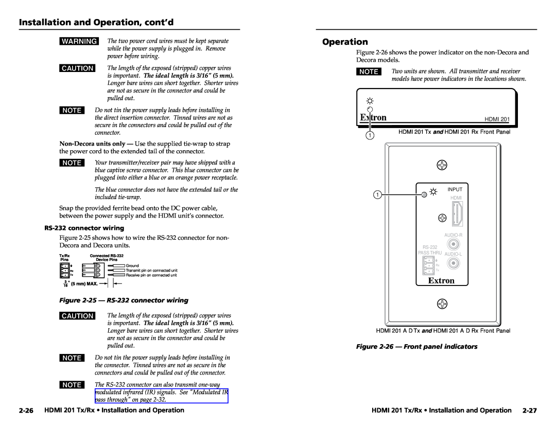 Extron electronic HDMI 201 Rx user manual 2-26HDMI 201 Tx/Rx Installation and Operation, 25- RS-232connector wiring 