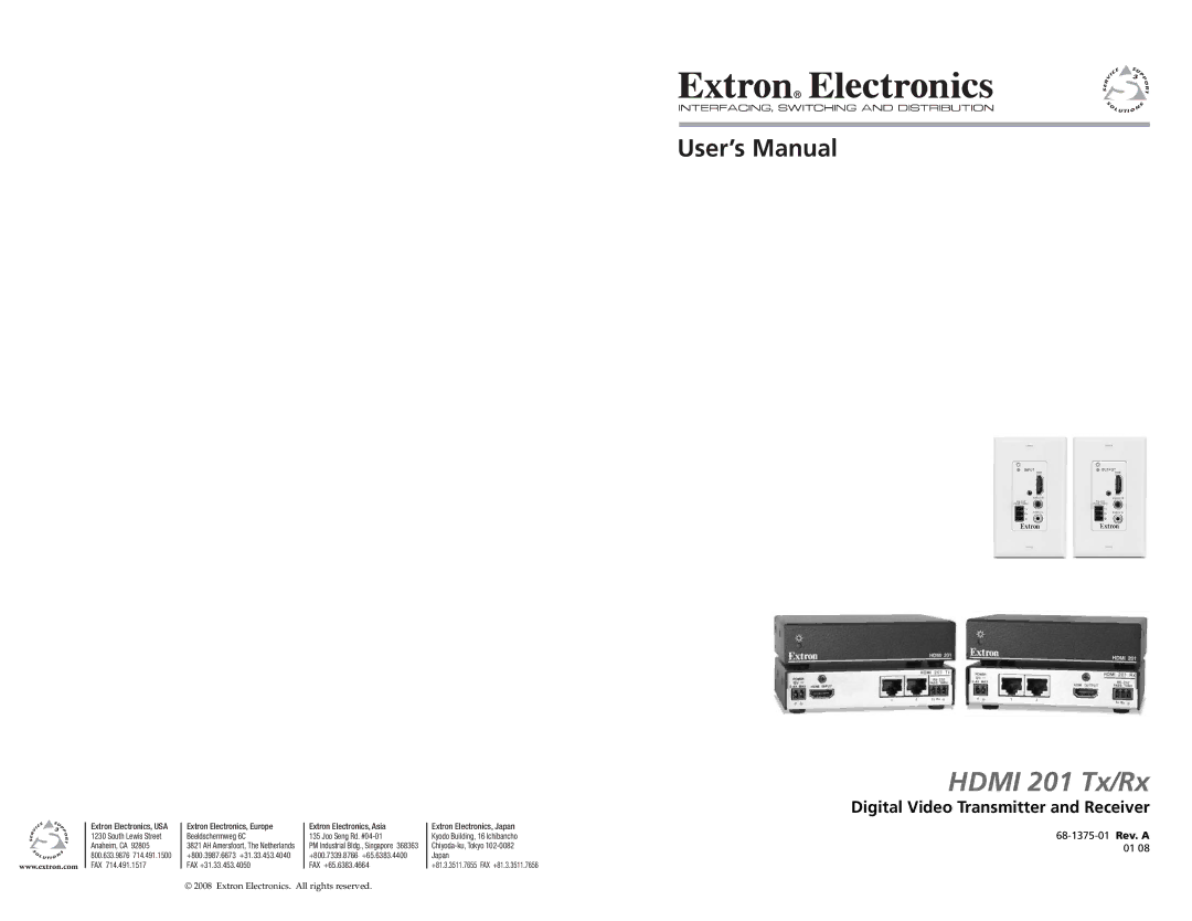 Extron electronic HDMI 201 Tx/Rx user manual User’s Manual, Digital Video Transmitter and Receiver 