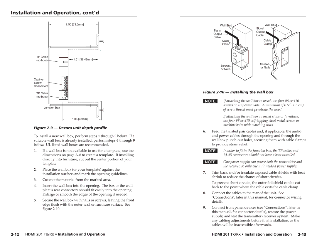 Extron electronic HDMI 201 Tx/Rx user manual Installing the wall box 