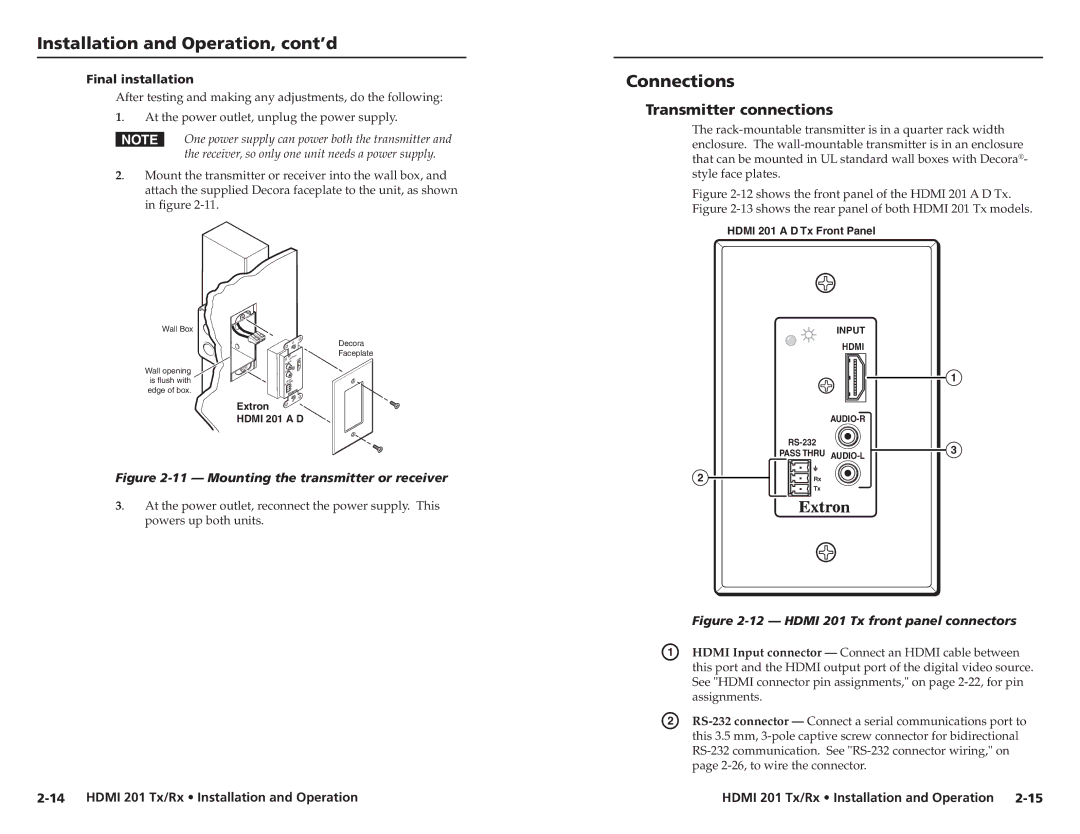 Extron electronic HDMI 201 Tx/Rx user manual Connections, Transmitter connections, Final installation 