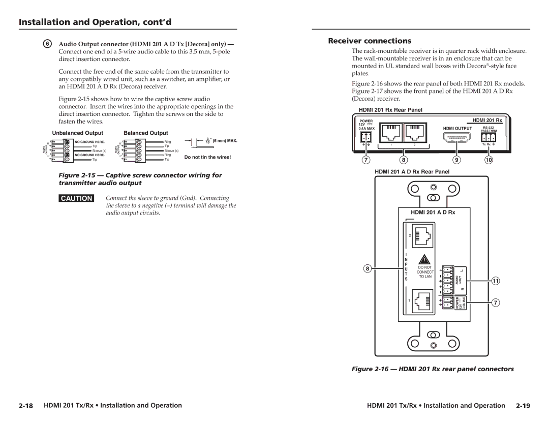 Extron electronic HDMI 201 Tx/Rx user manual Receiver connections, Fasten the wires 