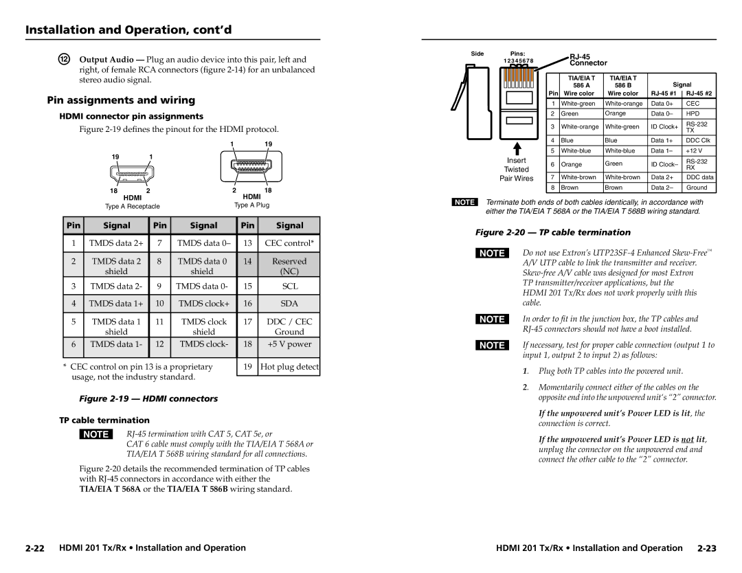 Extron electronic HDMI 201 Tx/Rx user manual Pin assignments and wiring, Hdmi connector pin assignments, Pin Signal 