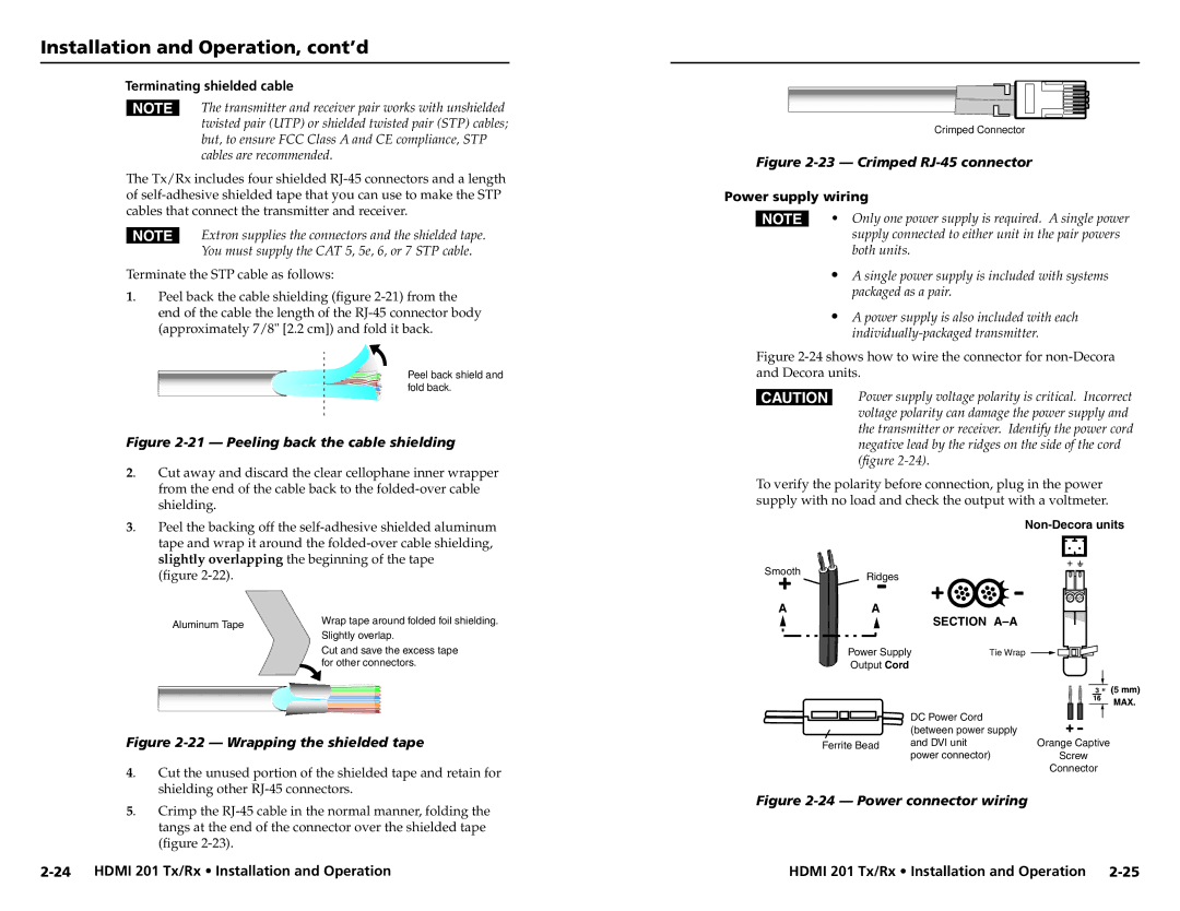 Extron electronic HDMI 201 Tx/Rx user manual Terminating shielded cable, Power supply wiring 