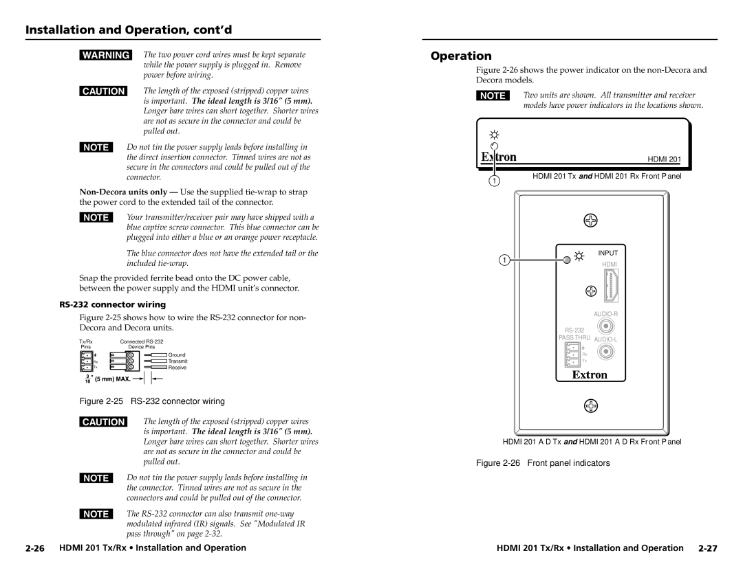 Extron electronic HDMI 201 Tx/Rx user manual Operation, RS-232 connector wiring 