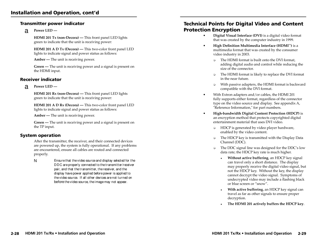 Extron electronic HDMI 201 Tx/Rx user manual Transmitter power indicator, Receiver indicator, System operation 