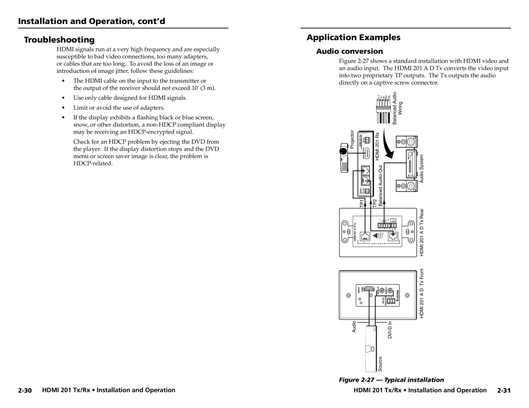 Extron electronic HDMI 201 Tx/Rx user manual Installation and Operation, cont’d Troubleshooting, Application Examples 