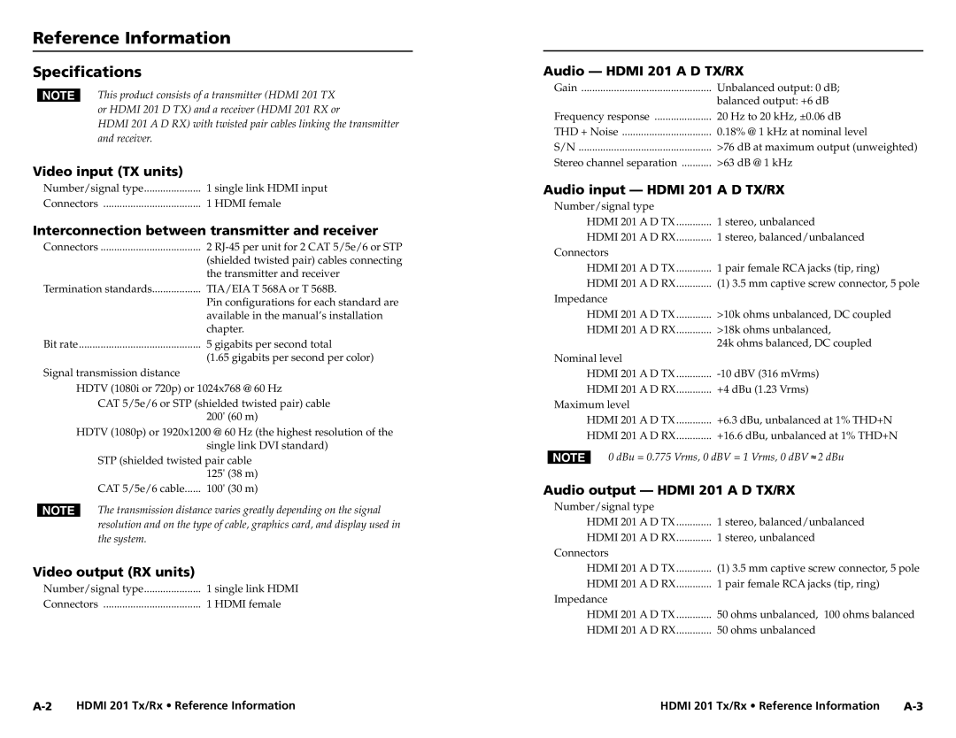 Extron electronic HDMI 201 Tx/Rx user manual Reference Information, Specifications 