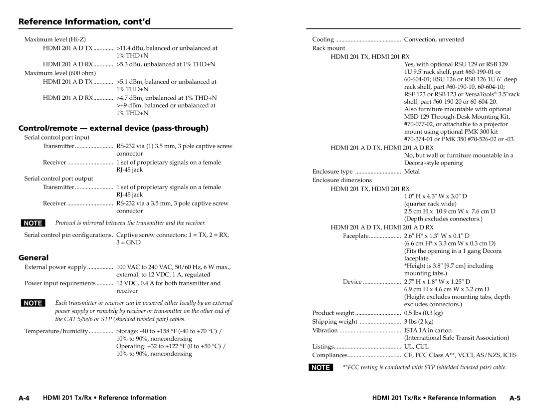 Extron electronic HDMI 201 Tx/Rx Reference Information, cont’d, Control/remote external device pass-through, General 