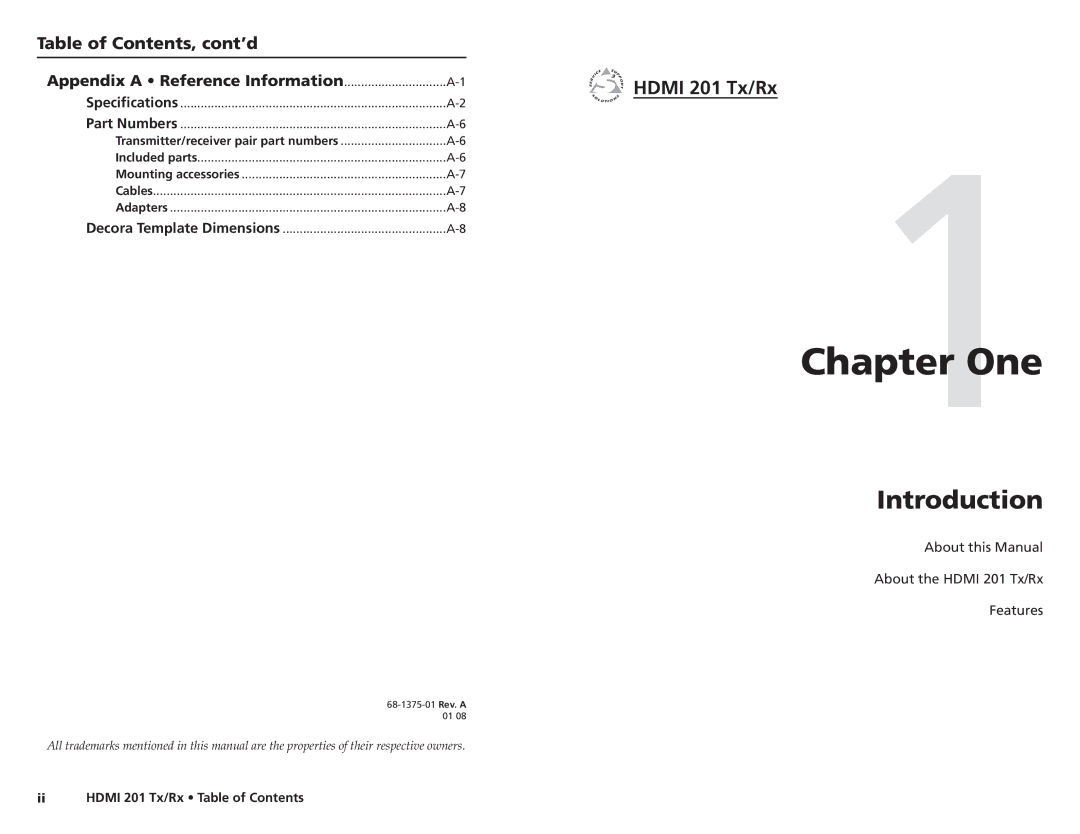 Extron electronic HDMI 201 Tx/Rx user manual Hdmi 201 Tx/Rx, Table of Contents, cont’d 