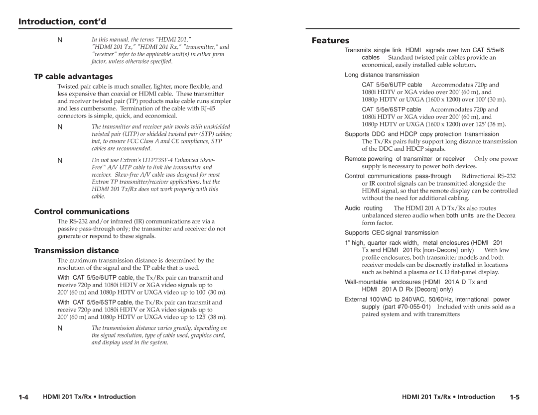 Extron electronic HDMI 201 Tx/Rx user manual Introduction, cont’d, Features, TP cable advantages, Control communications 