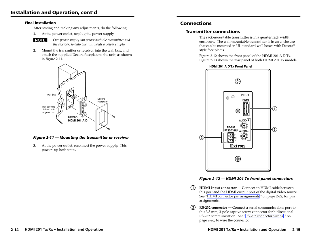 Extron electronic user manual Connections, Transmitter connections, 2-14HDMI 201 Tx/Rx Installation and Operation 