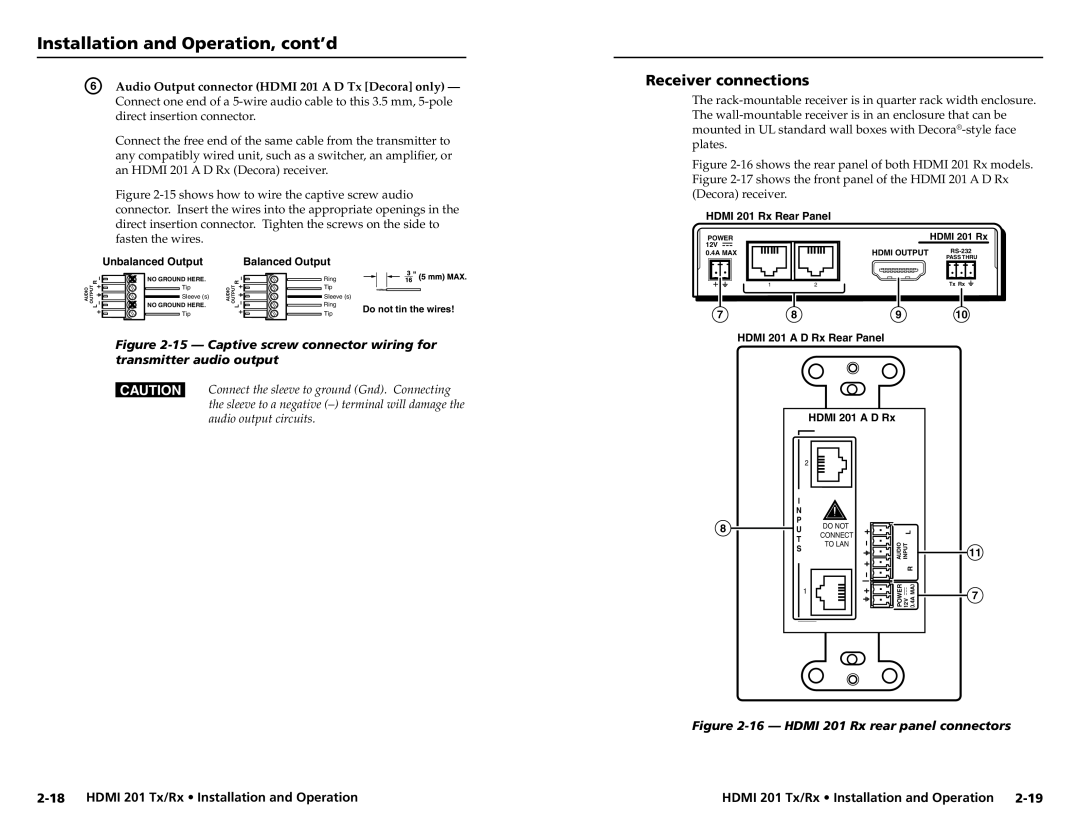 Extron electronic Receiver connections, 2-18HDMI 201 Tx/Rx Installation and Operation, transmitter audio output 
