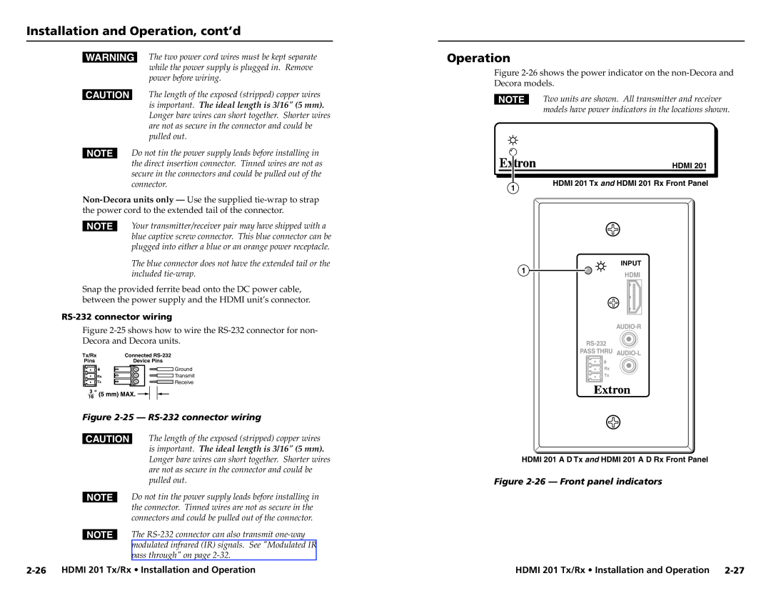 Extron electronic user manual 2-26HDMI 201 Tx/Rx Installation and Operation, 25- RS-232connector wiring 