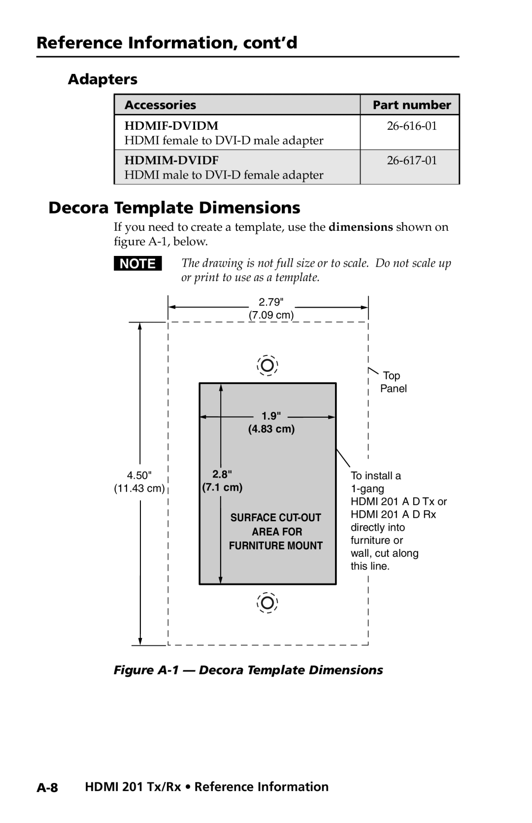 Extron electronic user manual Decora Template Dimensions, Adapters, A-8HDMI 201 Tx/Rx Reference Information, Accessories 
