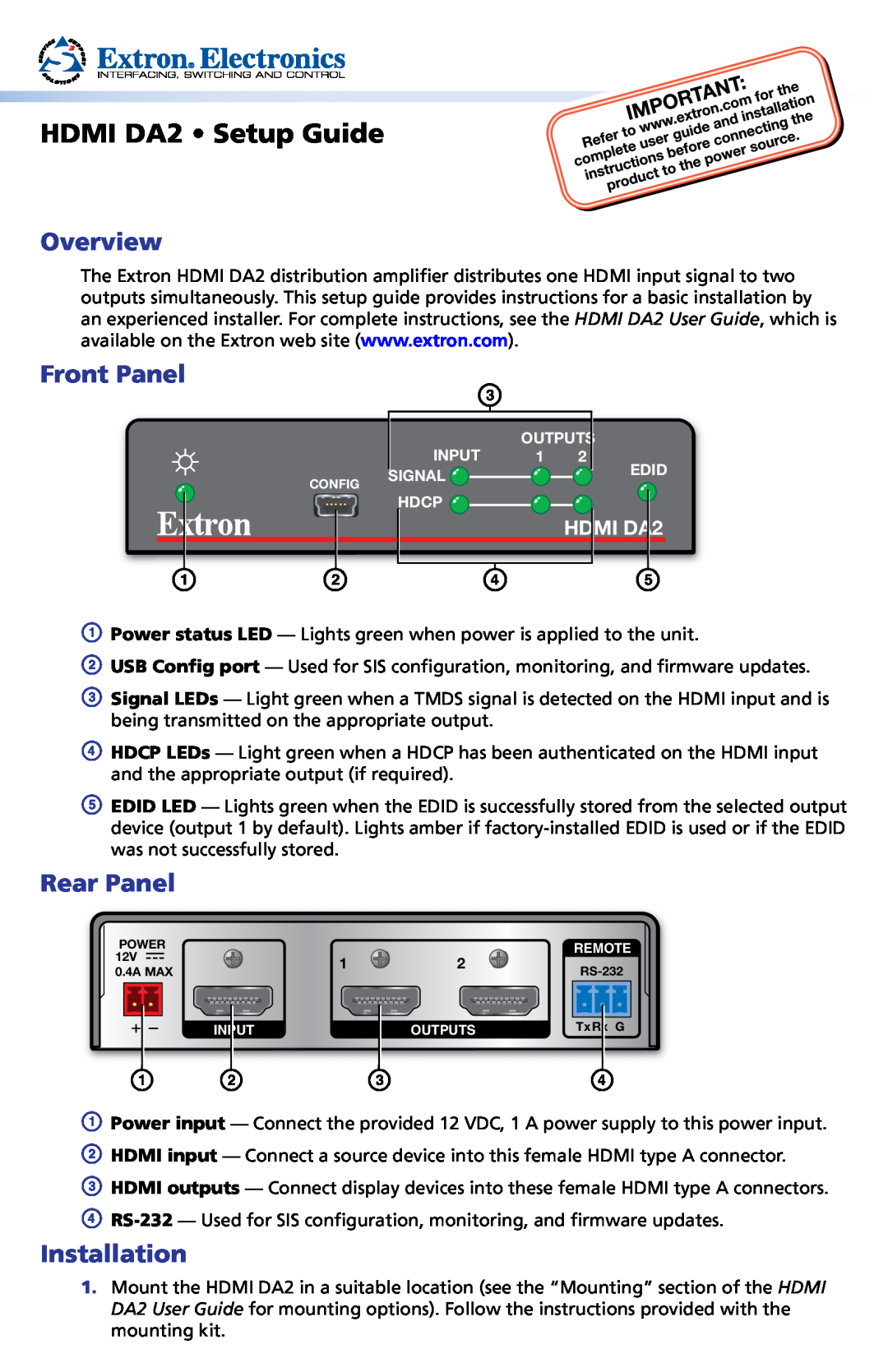 Extron electronic HDMI DA2 manual User Guide, Hdmi, Distribution Ampliﬁer 