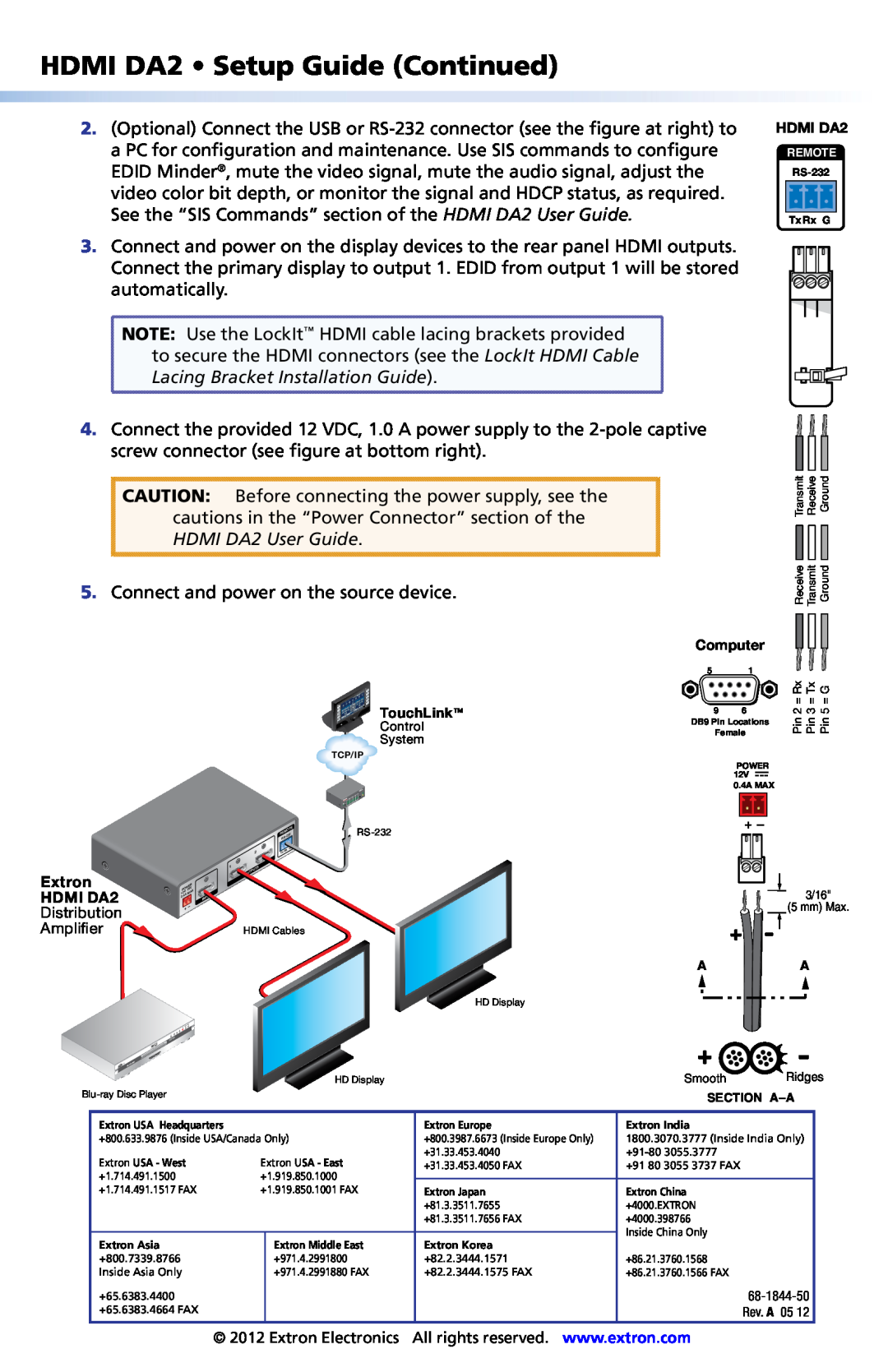 Extron electronic setup guide HDMI DA2 Setup Guide Continued, Lacing Bracket Installation Guide 
