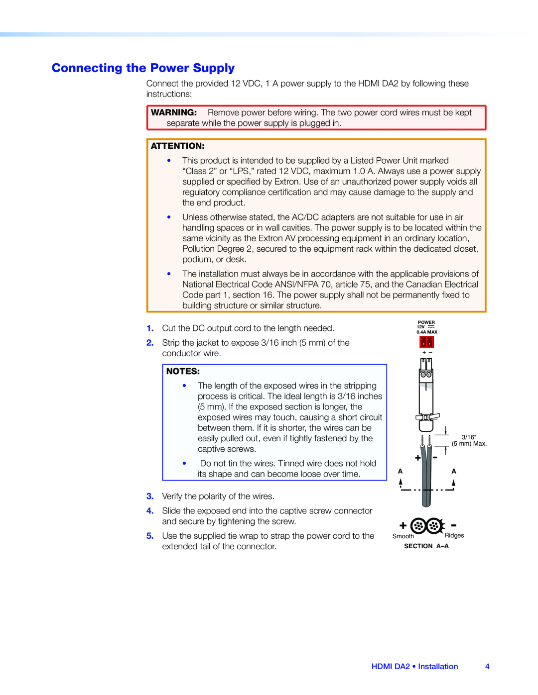 Extron electronic HDMI DA2 manual Connecting the Power Supply 
