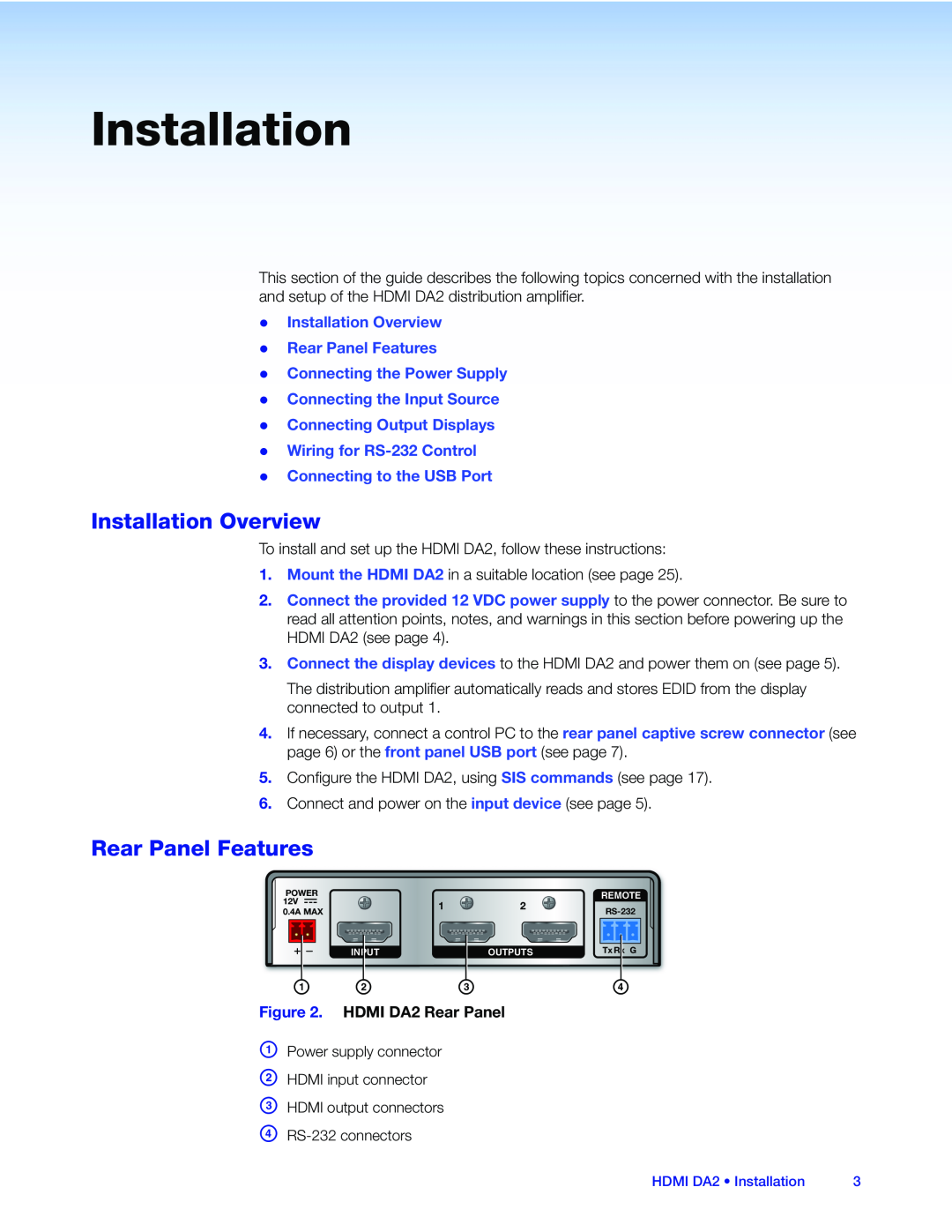 Extron electronic HDMI DA2 manual Installation Overview, Rear Panel Features, A B C D, zz Connecting to the USB Port 