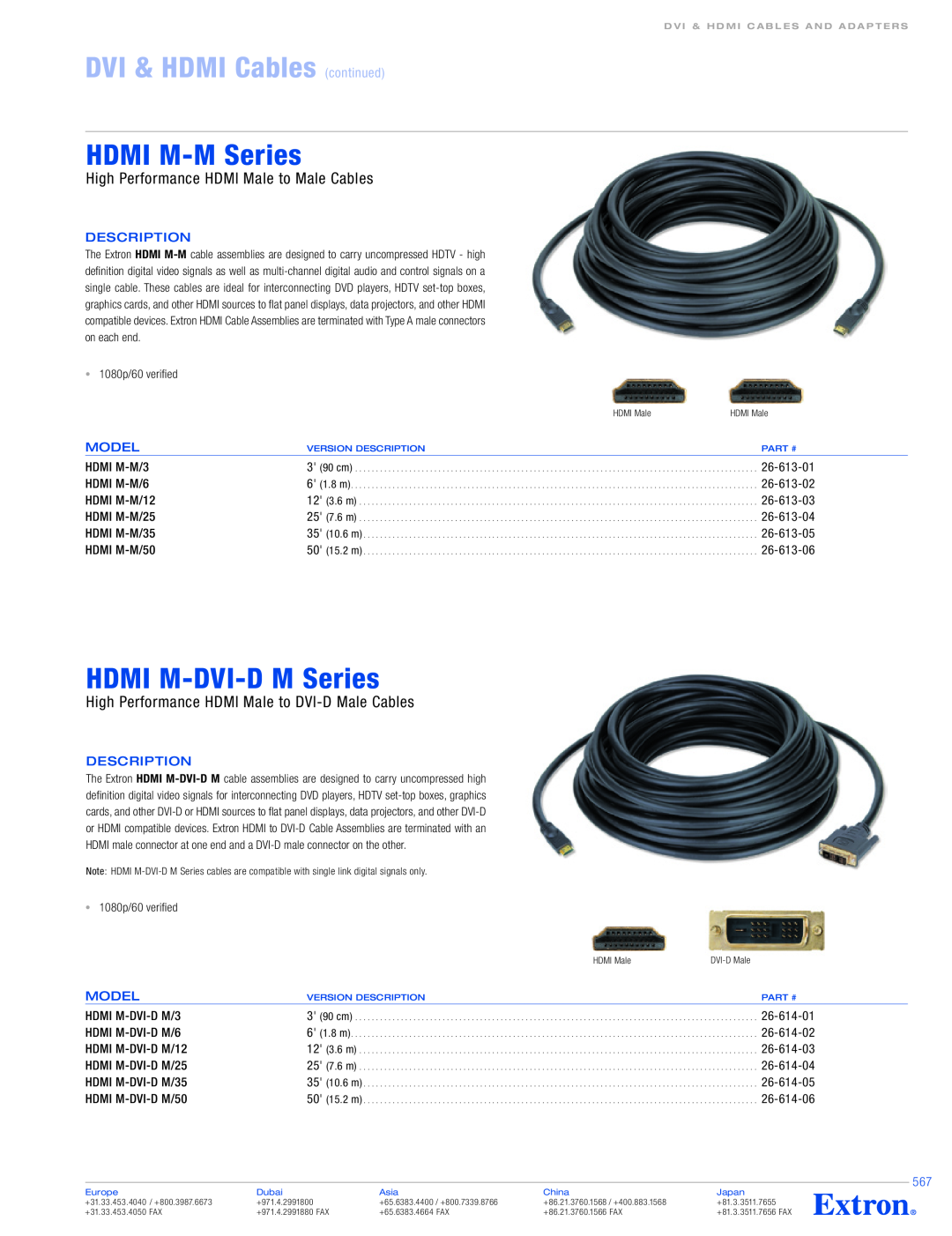 Extron electronic HDMI M-M/3 specifications DVI & HDMI Cables continued, HDMI M-M Series, HDMI M-DVI-D M Series, Model 