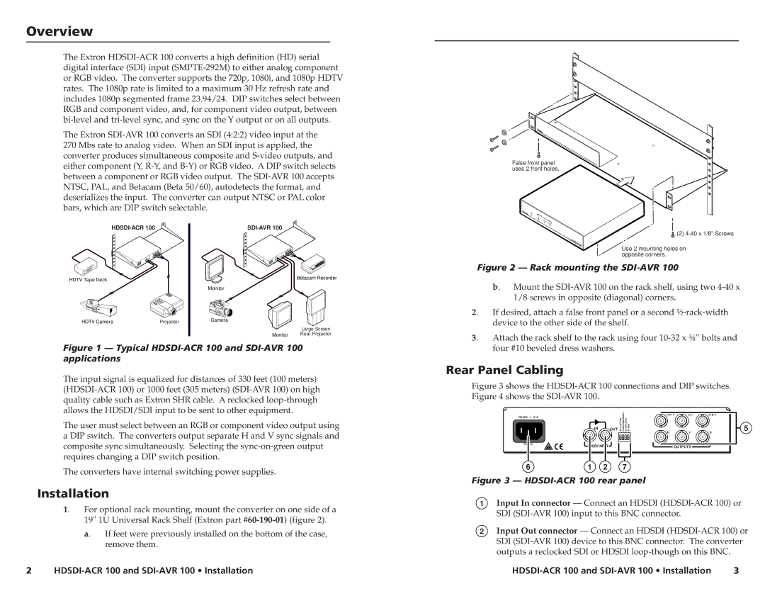 Extron electronic HDSDI-ACR 100, SDI-AVR 100 manual InstallationOverview, Rear Panel Cabling 