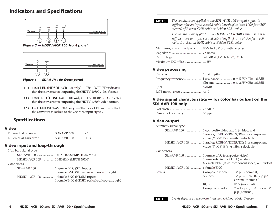 Extron electronic HDSDI-ACR 100, SDI-AVR 100 manual Indicators and Specifications 