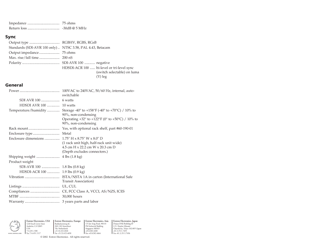 Extron electronic SDI-AVR 100, HDSDI-ACR 100 manual Sync, General 
