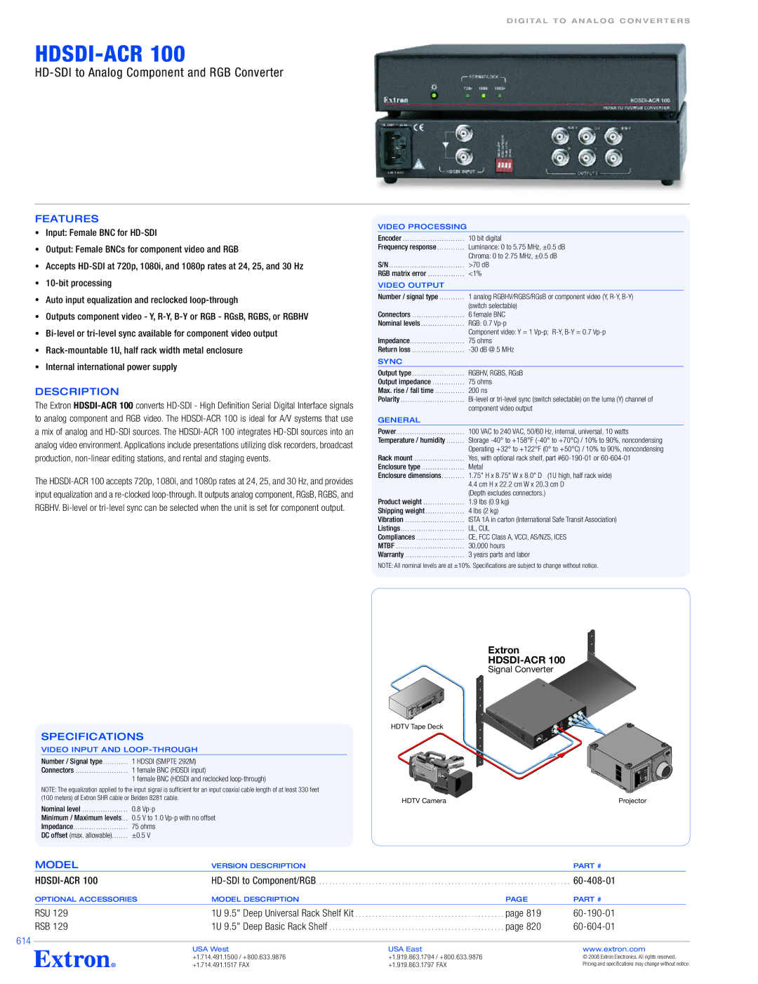 Extron electronic HDSDI-ACR 100 specifications Features, Description, Specifications, Model, 614 