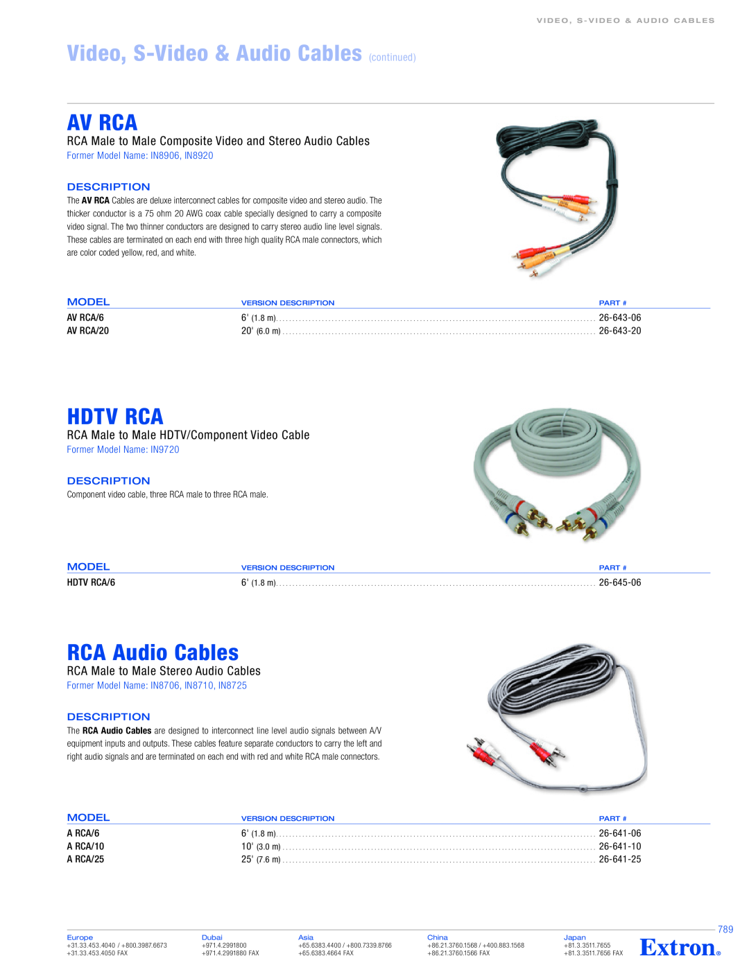 Extron electronic AV RCA/6 specifications Video, S-Video& Audio Cables continued, Av Rca, Hdtv Rca, RCA Audio Cables 