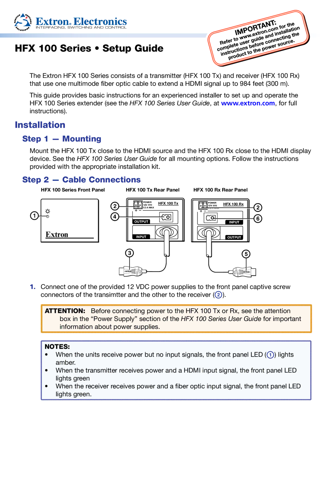 Extron electronic HFX 100 RX setup guide Installation, Mounting, Cable Connections 