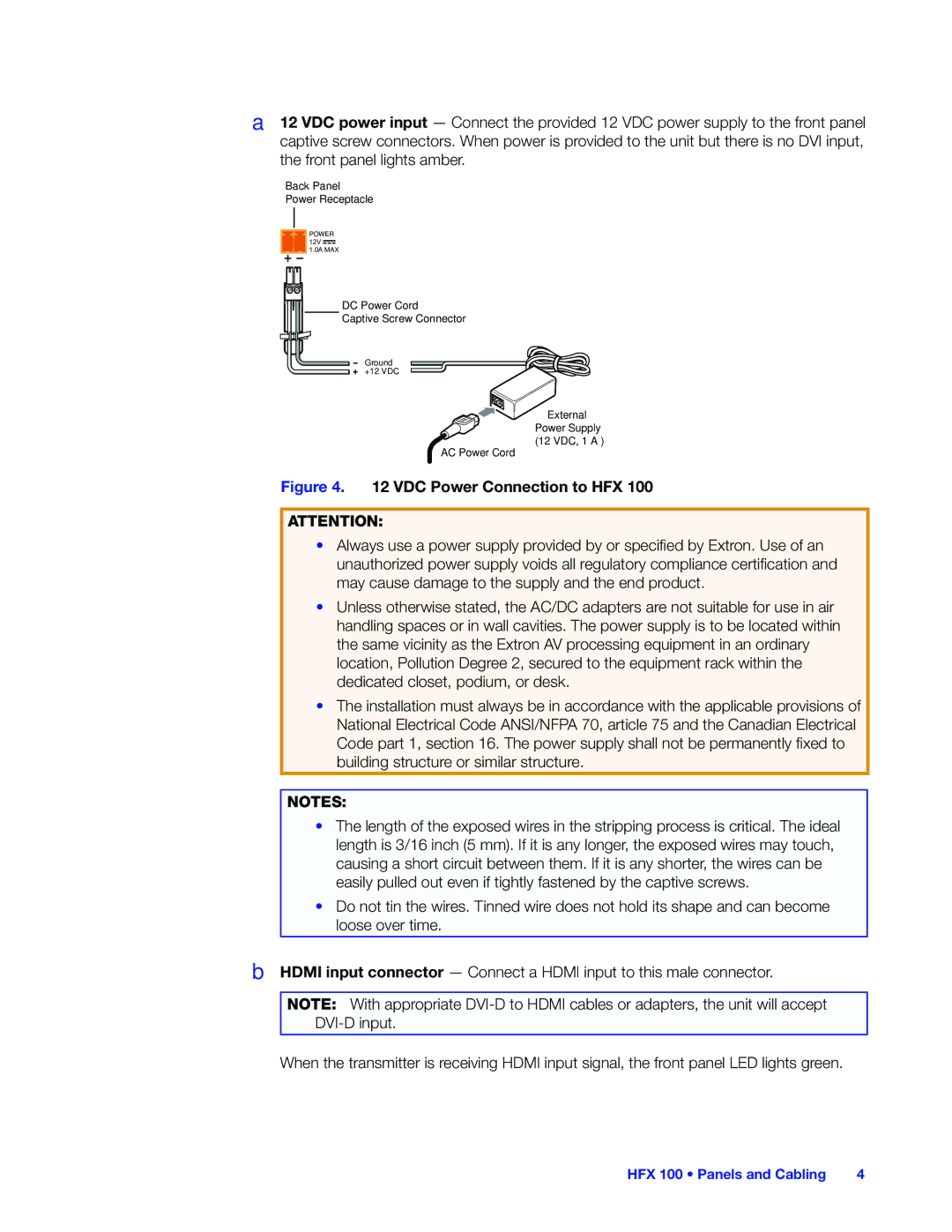 Extron electronic HFX 100 TX, HFX 100 RX manual VDC Power Connection to HFX 
