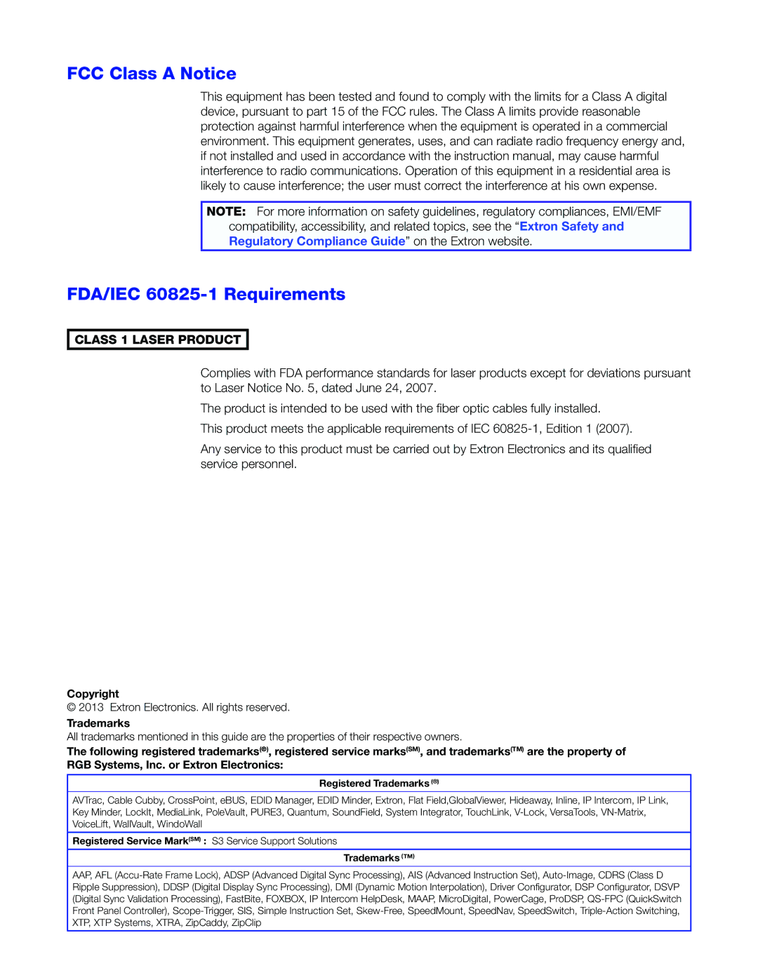 Extron electronic HFX 100 RX, HFX 100 TX manual FCC Class a Notice FDA/IEC 60825-1 Requirements, Class 1 Laser Product 