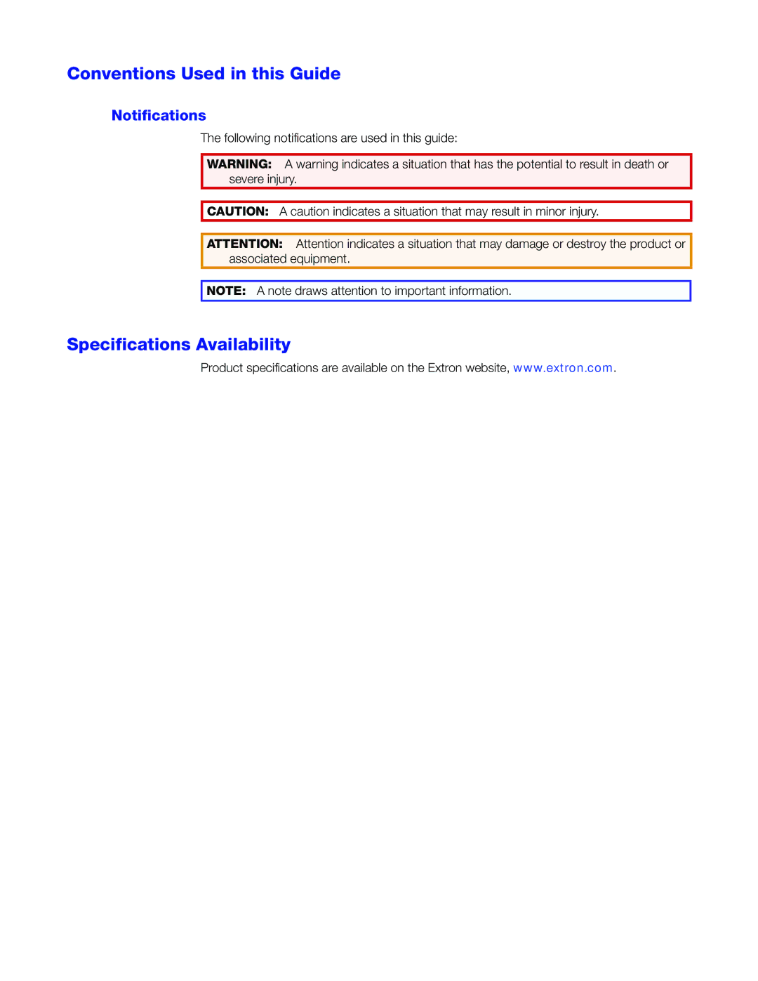 Extron electronic HFX 100 TX, HFX 100 RX manual Conventions Used in this Guide, Specifications Availability 