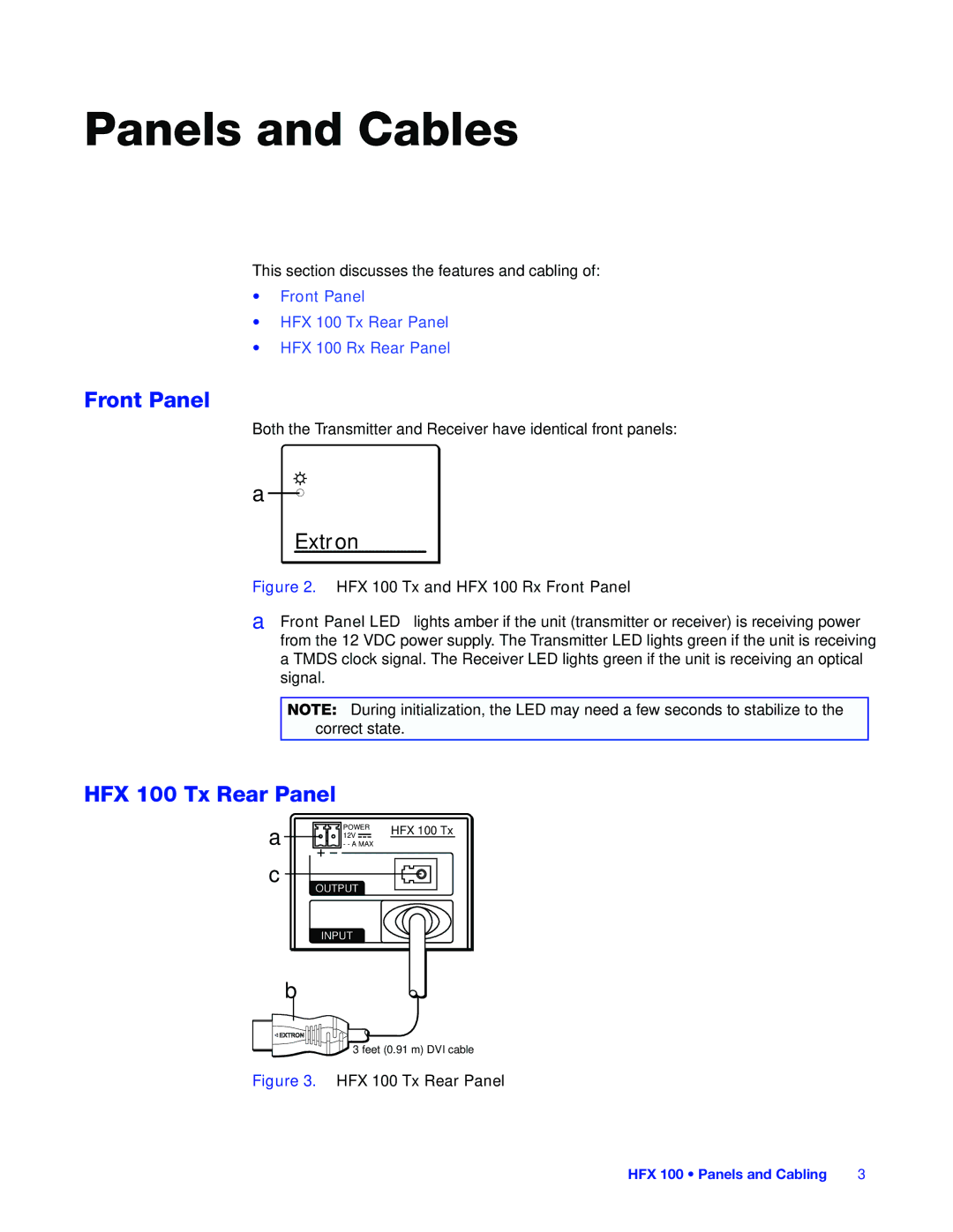 Extron electronic HFX 100 RX, HFX 100 TX manual Panels and Cables, Front Panel, HFX 100 Tx Rear Panel 