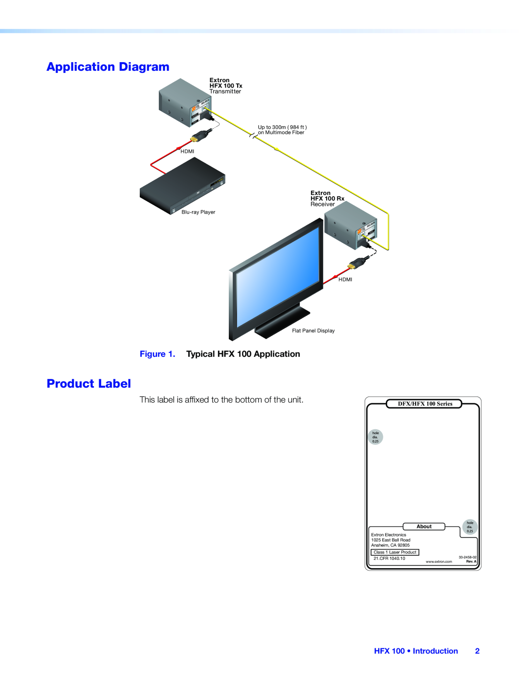 Extron electronic HFX 100 TX Application Diagram, Product Label, HFX 100 Introduction, Extron HFX 100 Tx, About, Rev. A 