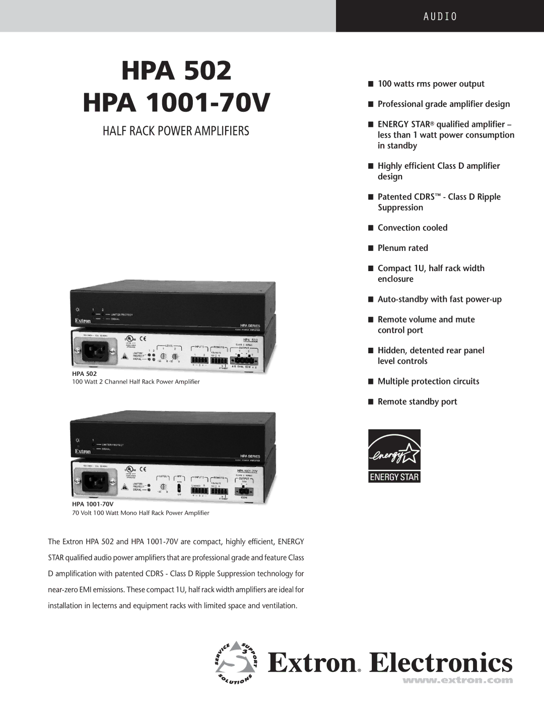 Extron electronic HPA 1001-70V, HPA 502 manual Hpa, Half Rack Power Amplifiers 